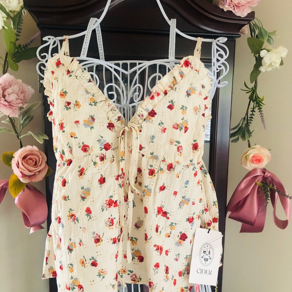 Cider Cream Floral Ruffle Tie-Front Tank Top
